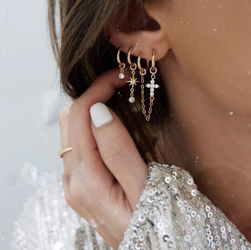 One Piece Huggie Hoops Cross Chain Earring