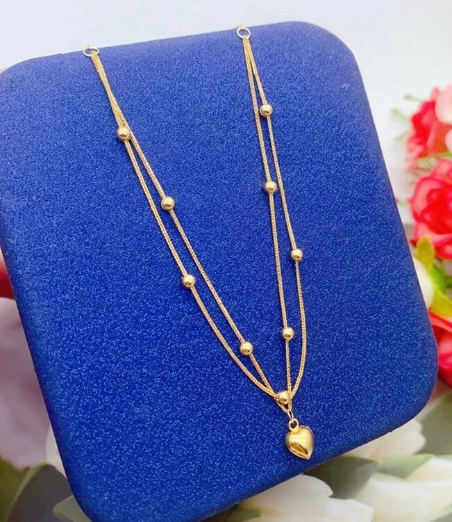 Puff Heart & Double Beaded Chain Necklace
