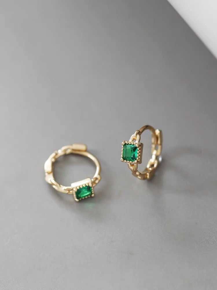 Beaded Emerald Square Huggie Hoops