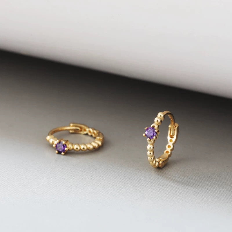 Purple Stone Beaded Huggie Hoops