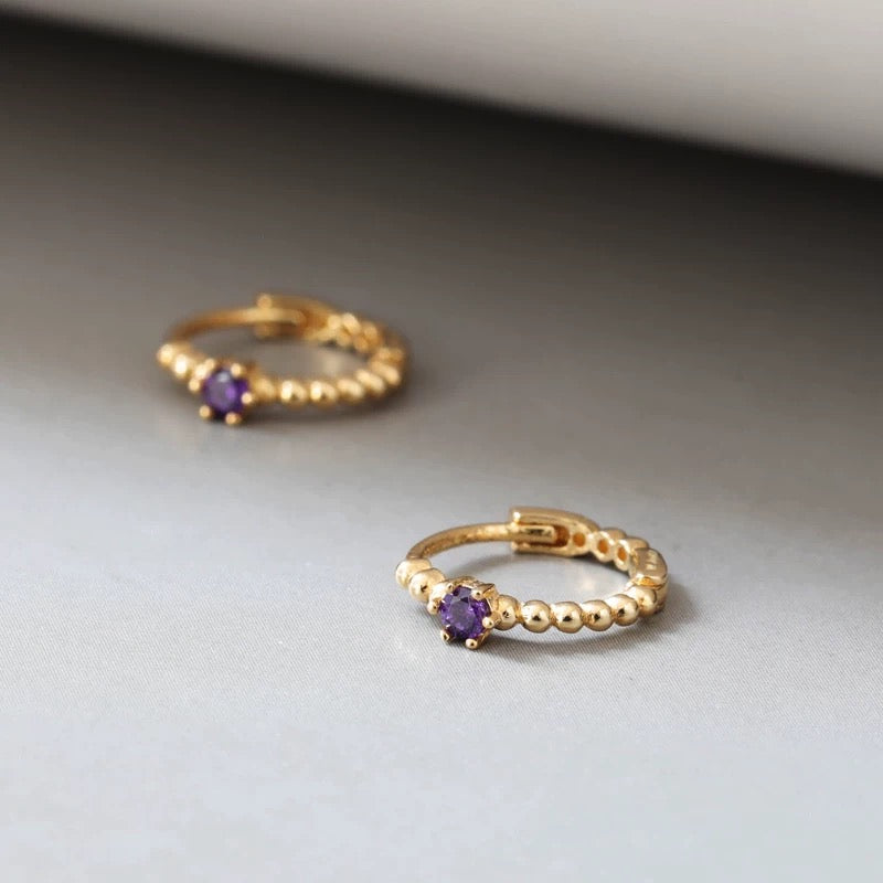 Purple Stone Beaded Huggie Hoops