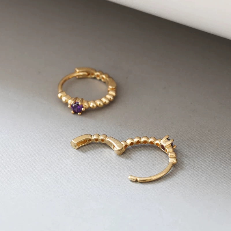 Purple Stone Beaded Huggie Hoops