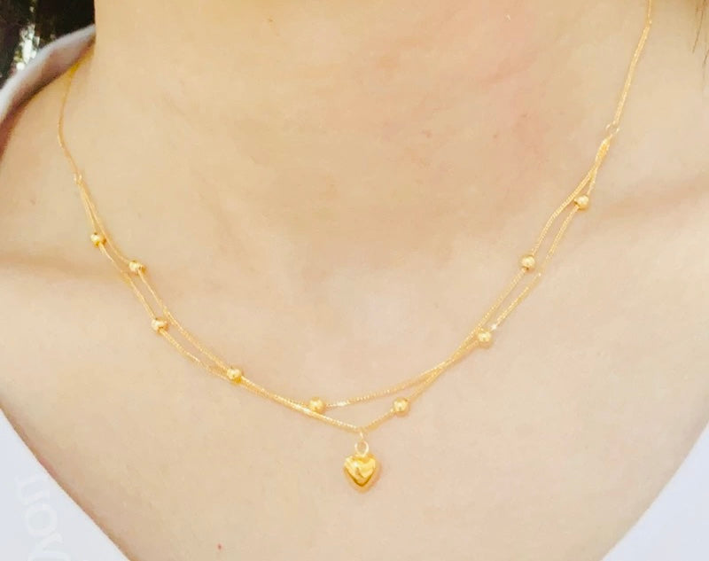 Puff Heart & Double Beaded Chain Necklace