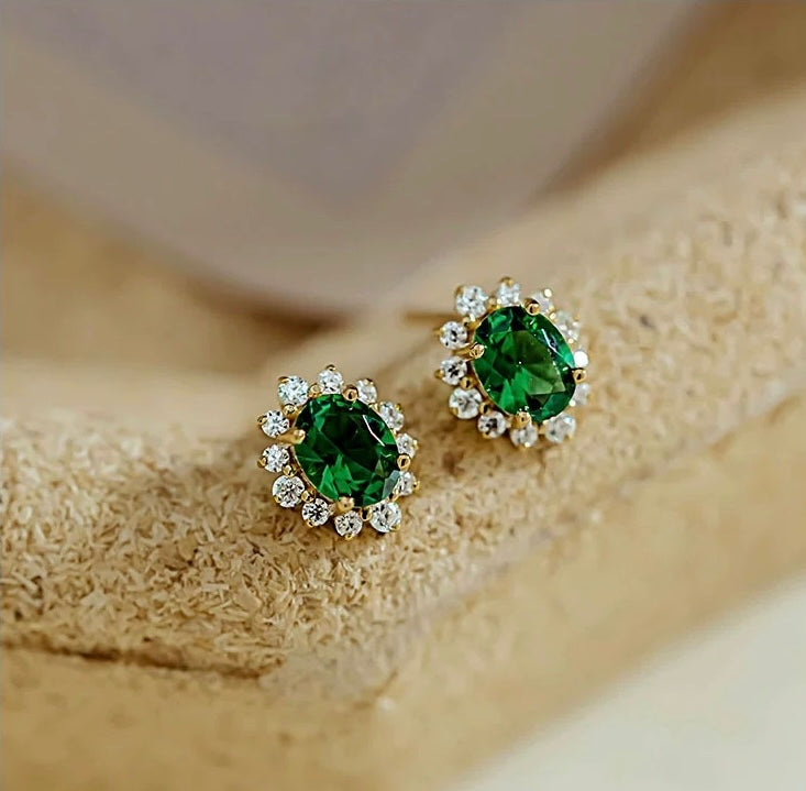 Emerald Green Moissanite Sunflower Stud Earrings