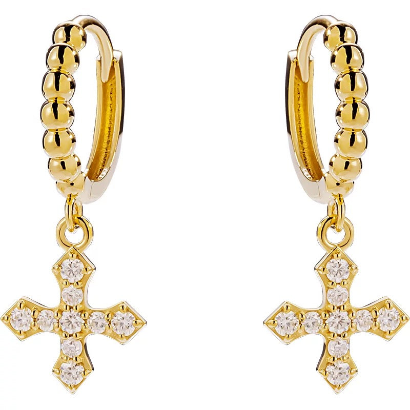 Icon Hanging Cross Beaded Huggie Hoops