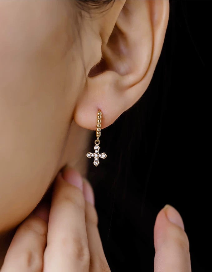 Icon Hanging Cross Beaded Huggie Hoops