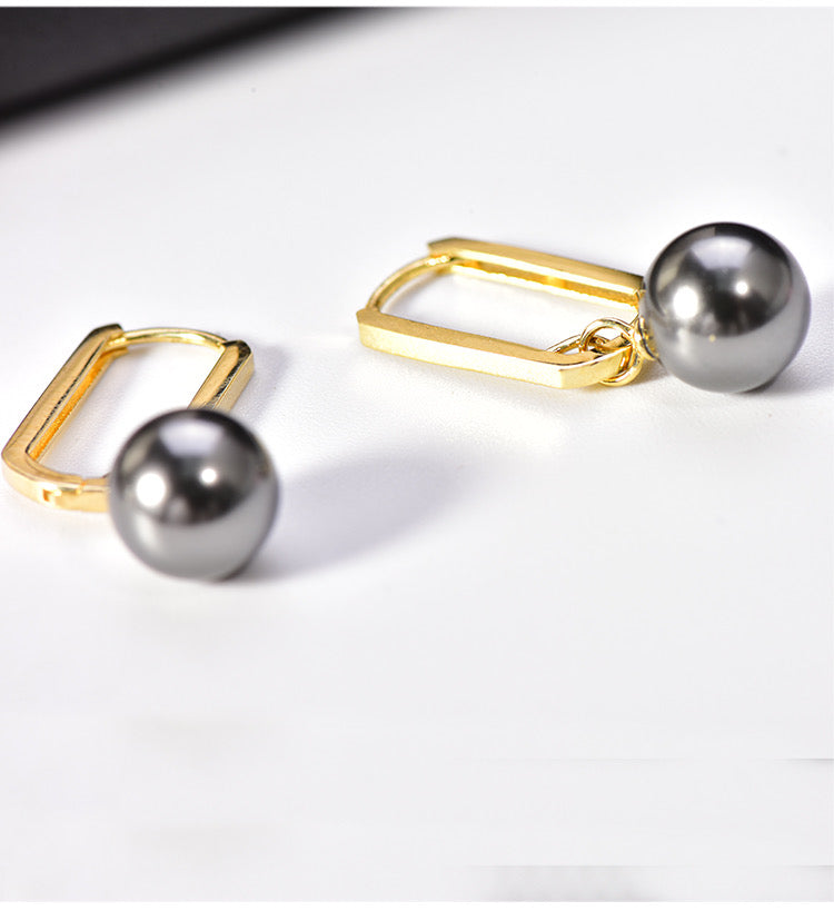 Oblong Frame Hanging Graphite Pearl Hoop Earrings