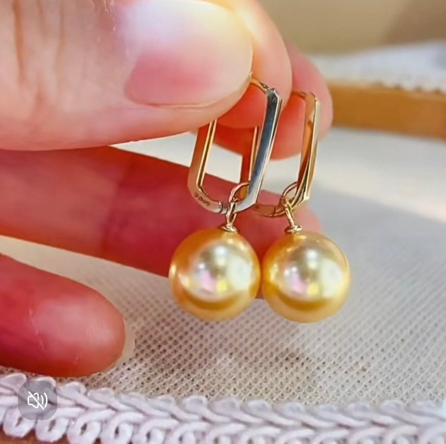 Oblong Frame Hanging Golden Pearl Hoop Earrings