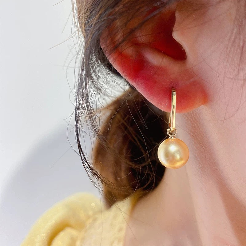Oblong Frame Hanging Golden Pearl Hoop Earrings