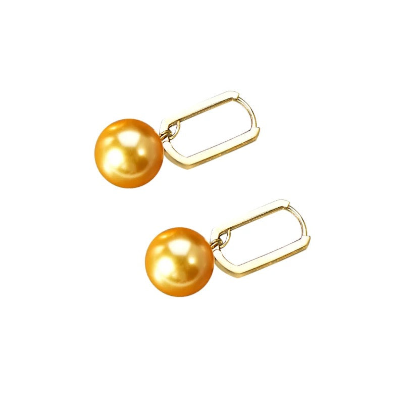 Oblong Frame Hanging Golden Pearl Hoop Earrings