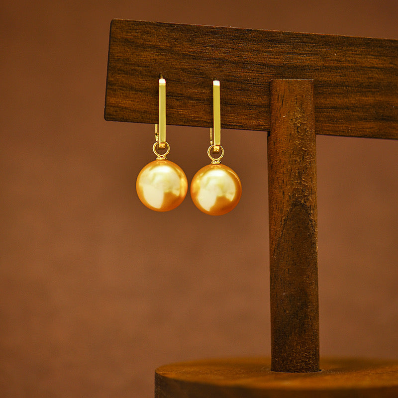Oblong Frame Hanging Golden Pearl Hoop Earrings