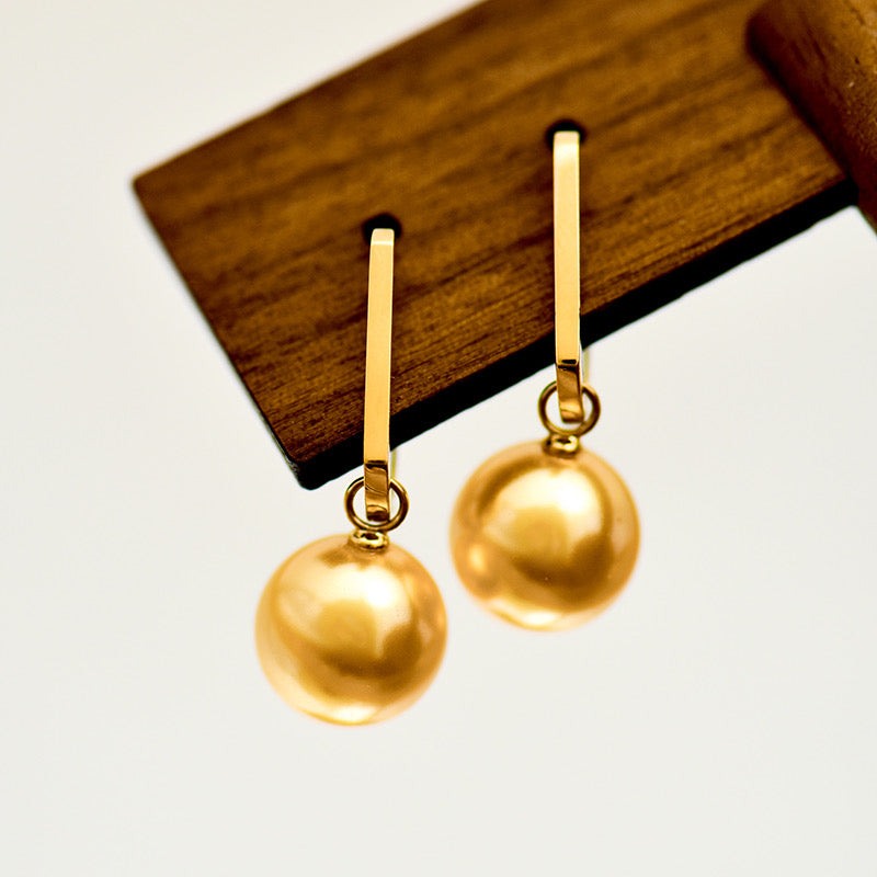 Oblong Frame Hanging Golden Pearl Hoop Earrings