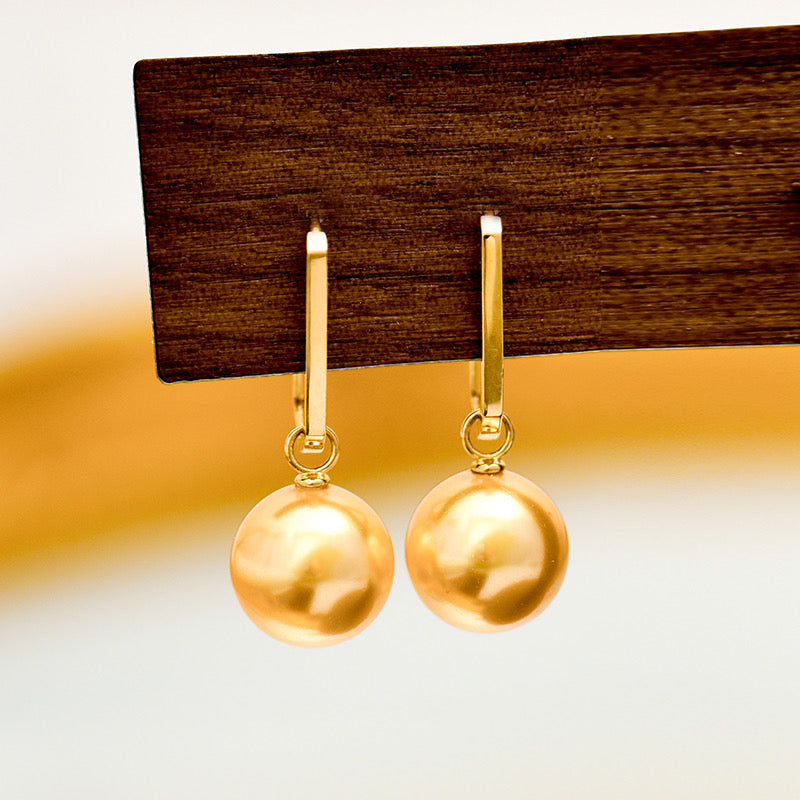 Oblong Frame Hanging Golden Pearl Hoop Earrings