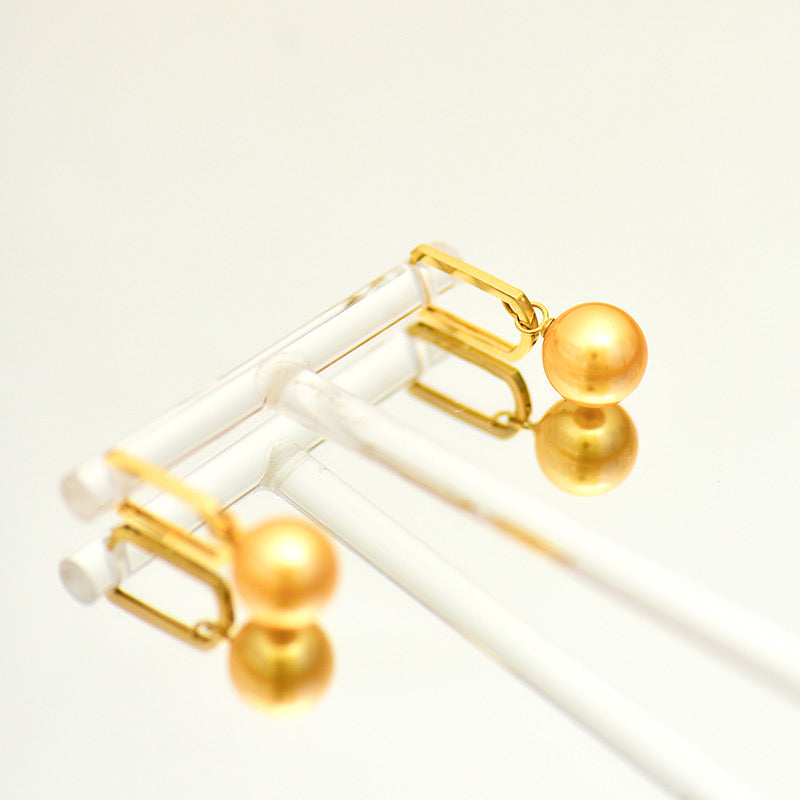 Oblong Frame Hanging Golden Pearl Hoop Earrings