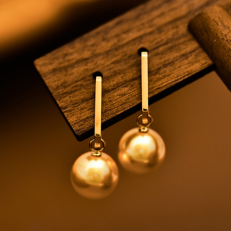 Oblong Frame Hanging Golden Pearl Hoop Earrings