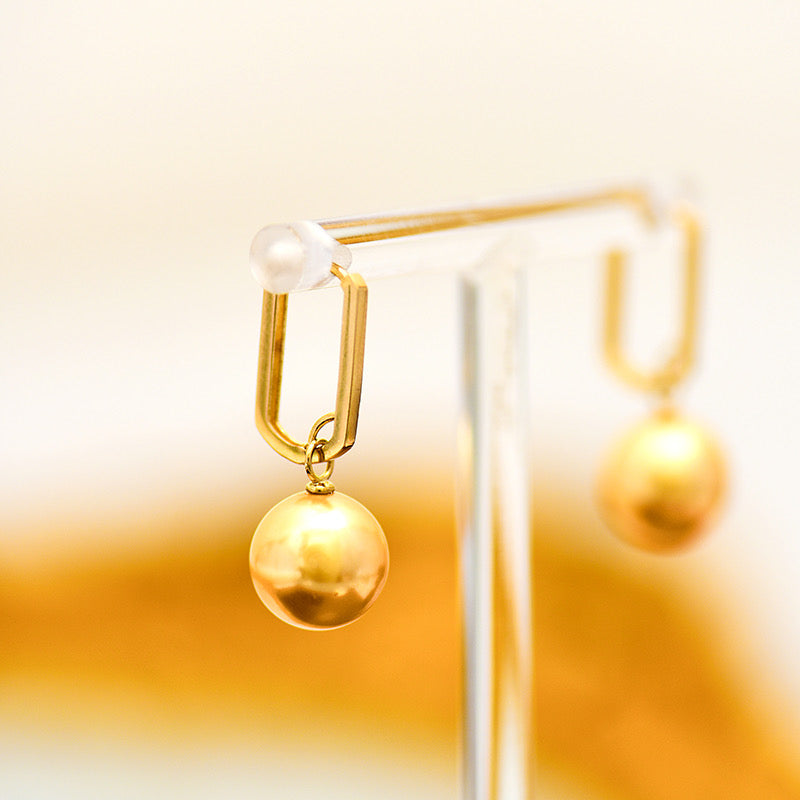 Oblong Frame Hanging Golden Pearl Hoop Earrings