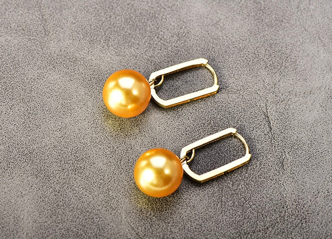 Oblong Frame Hanging Golden Pearl Hoop Earrings