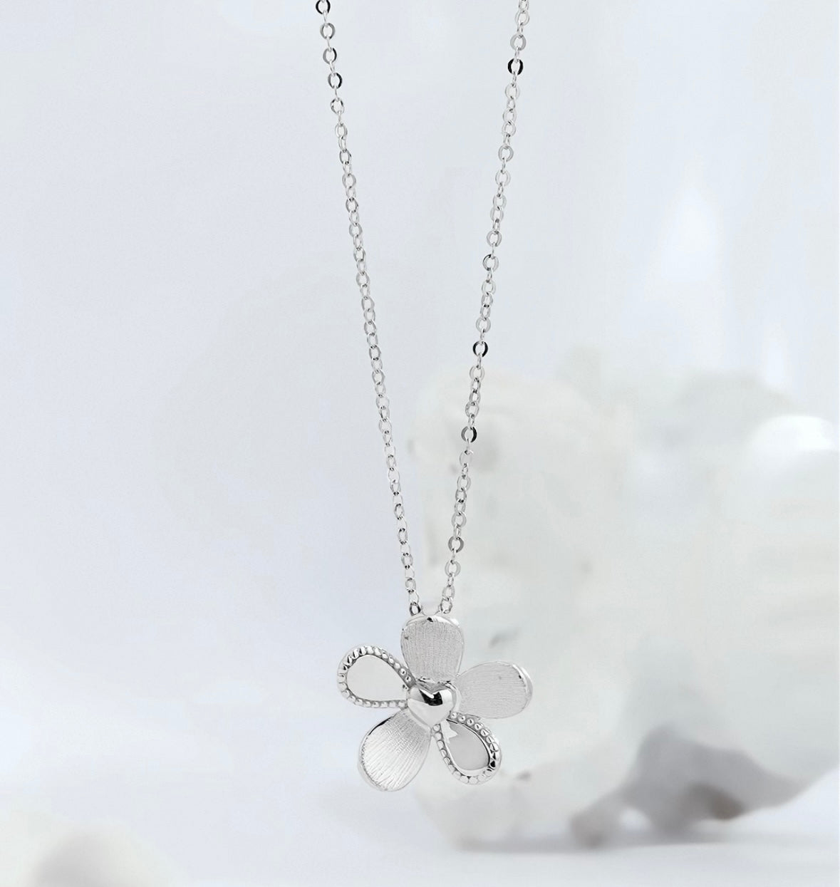 Brushed Love Heart Flower Necklace