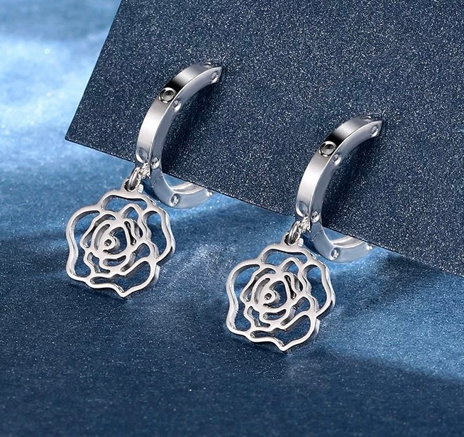 Hanging Rose Drop Huggie Hoops