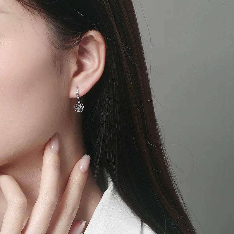 Hanging Rose Drop Huggie Hoops