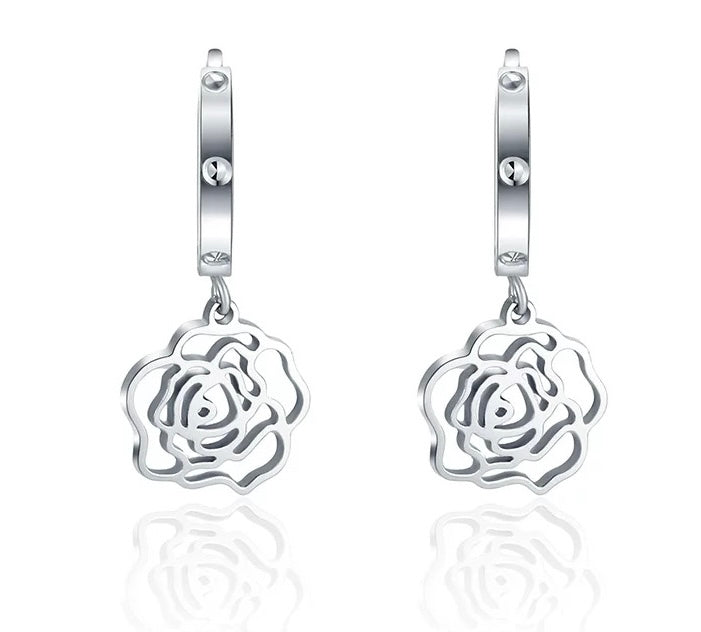 Hanging Rose Drop Huggie Hoops