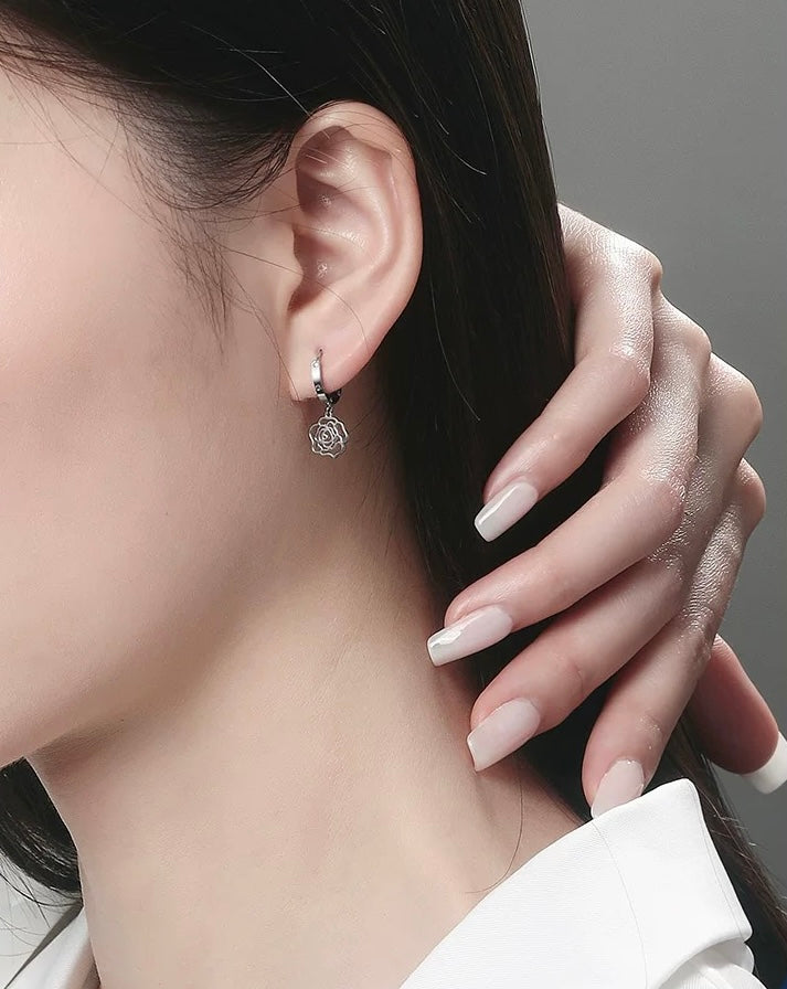 Hanging Rose Drop Huggie Hoops