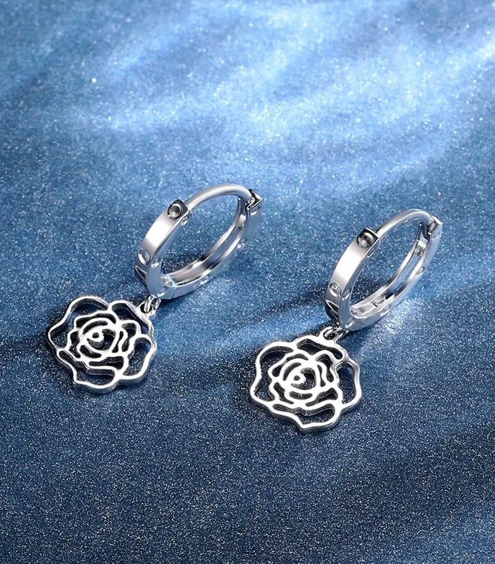 Hanging Rose Drop Huggie Hoops