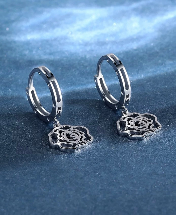 Hanging Rose Drop Huggie Hoops