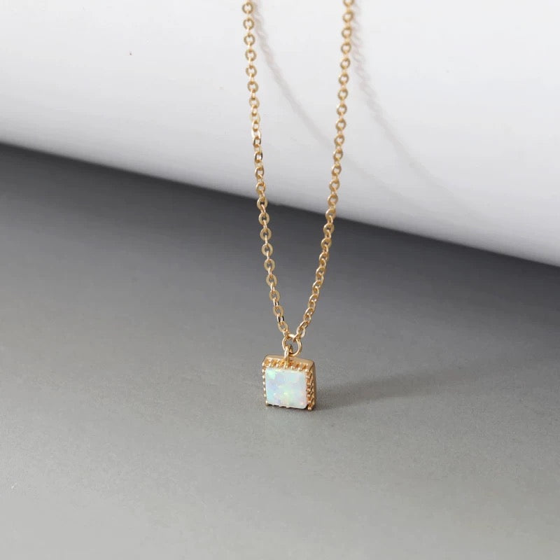 Beaded Opal Square Charm Necklace