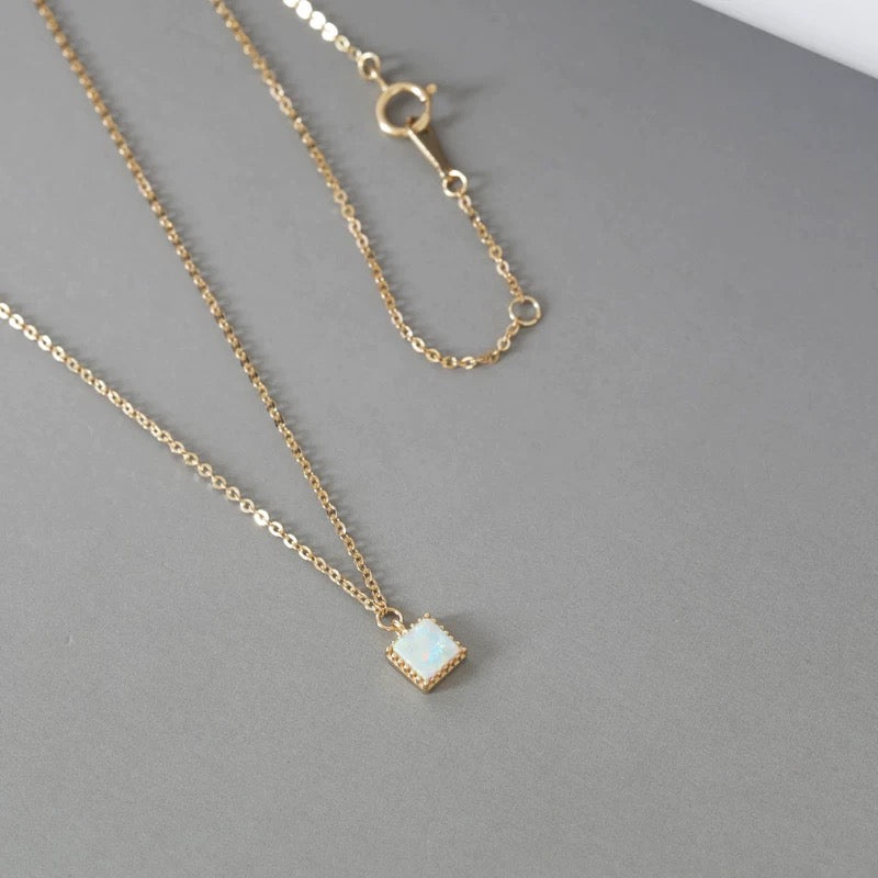 Beaded Opal Square Charm Necklace