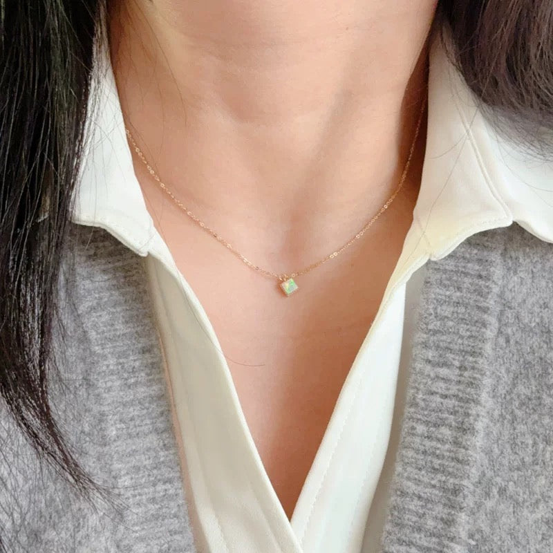 Beaded Opal Square Charm Necklace
