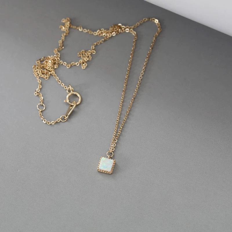 Beaded Opal Square Charm Necklace