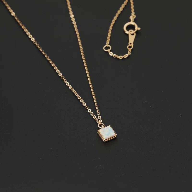 Beaded Opal Square Charm Necklace