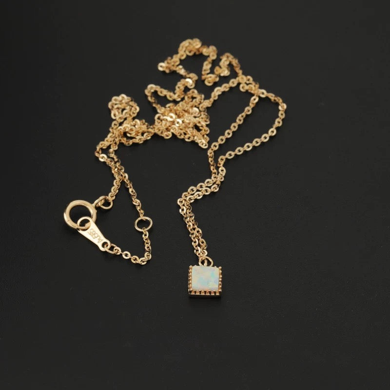 Beaded Opal Square Charm Necklace