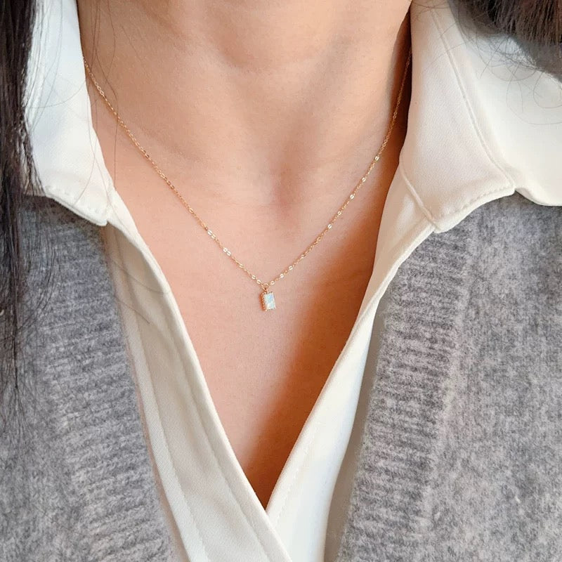 Beaded Opal Rectangle Charm Necklace