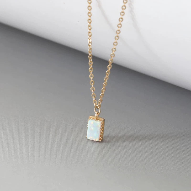 Beaded Opal Rectangle Charm Necklace