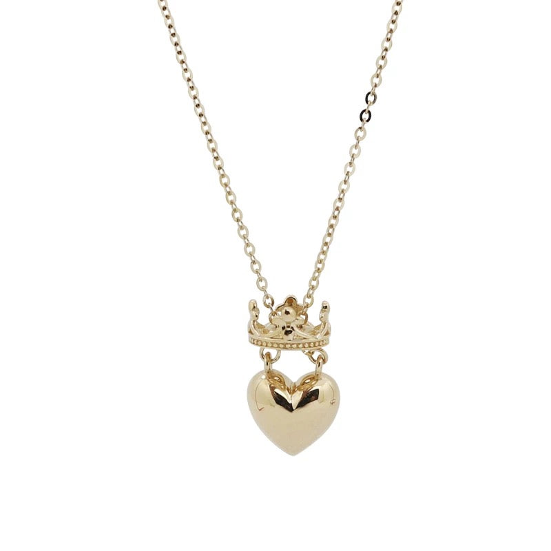 Crowned Heart Puff Charm Necklace