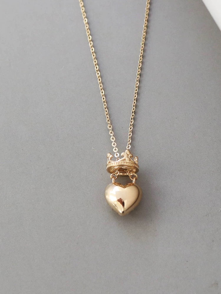 Crowned Heart Puff Charm Necklace