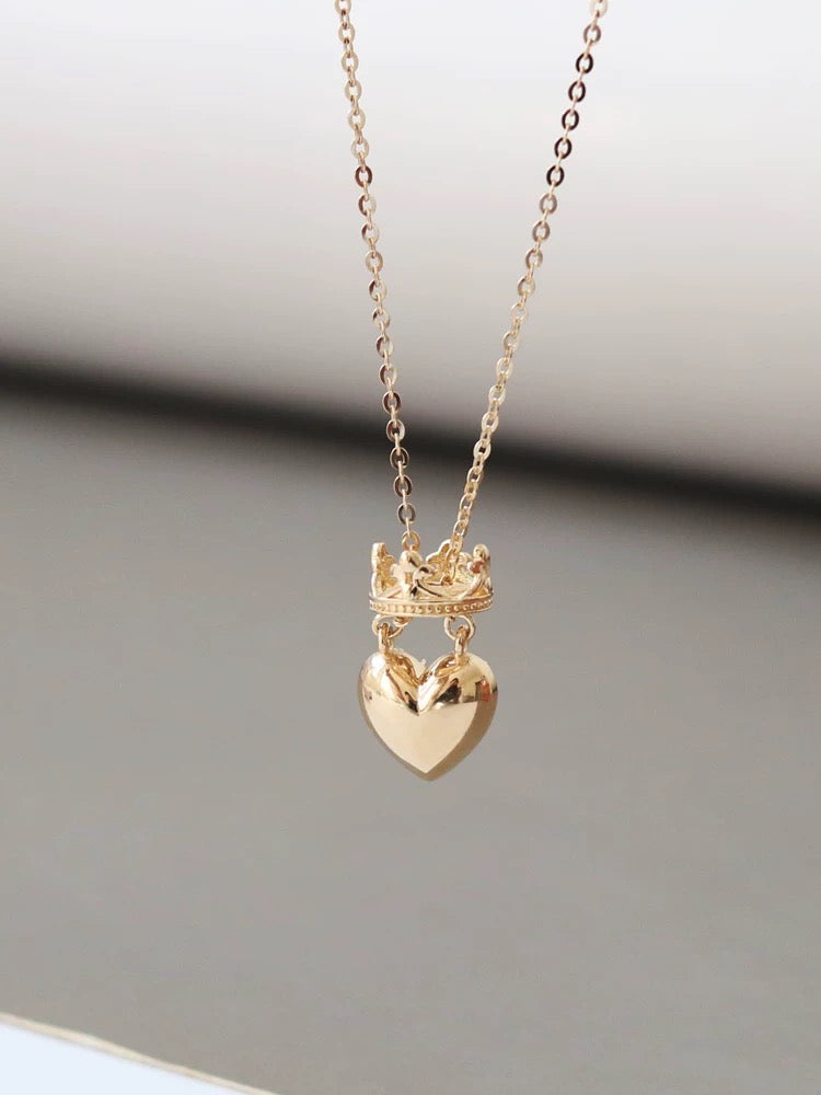 Crowned Heart Puff Charm Necklace