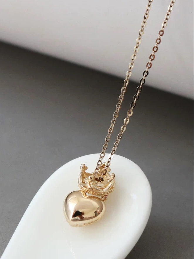 Crowned Heart Puff Charm Necklace