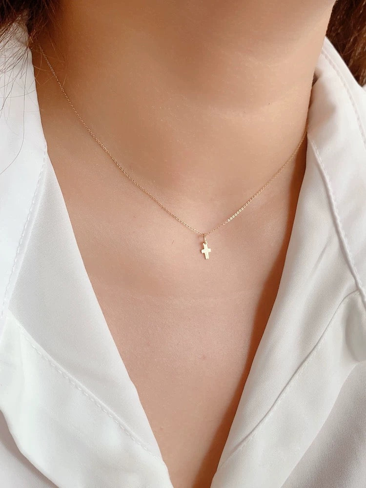 Tiny Cross Plate Charm Necklace