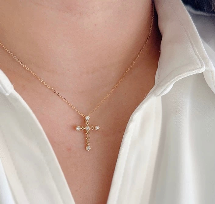 Beaded Five Bezel Cross Charm Necklace