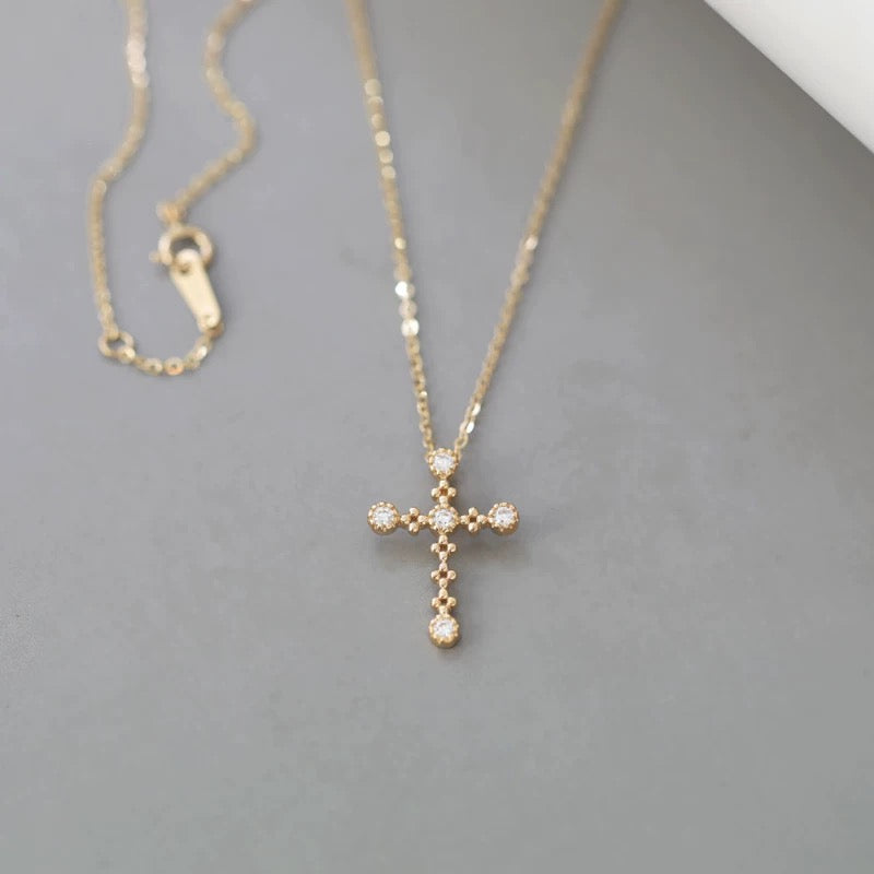 Beaded Five Bezel Cross Charm Necklace