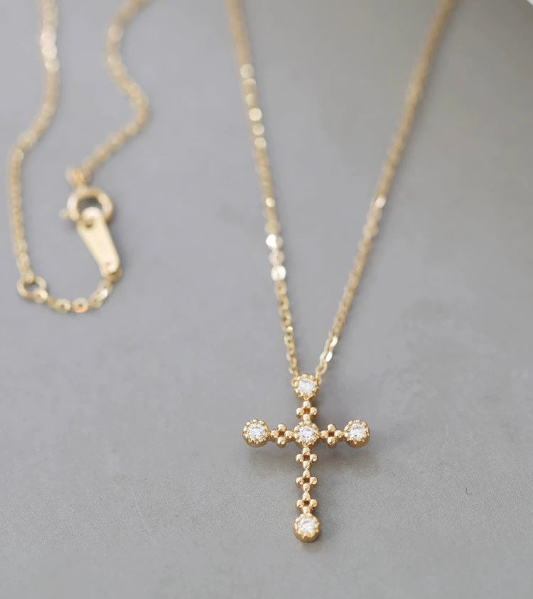Beaded Five Bezel Cross Charm Necklace