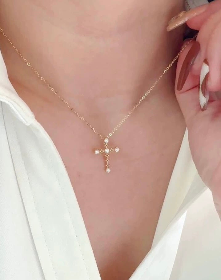 Beaded Five Bezel Cross Charm Necklace