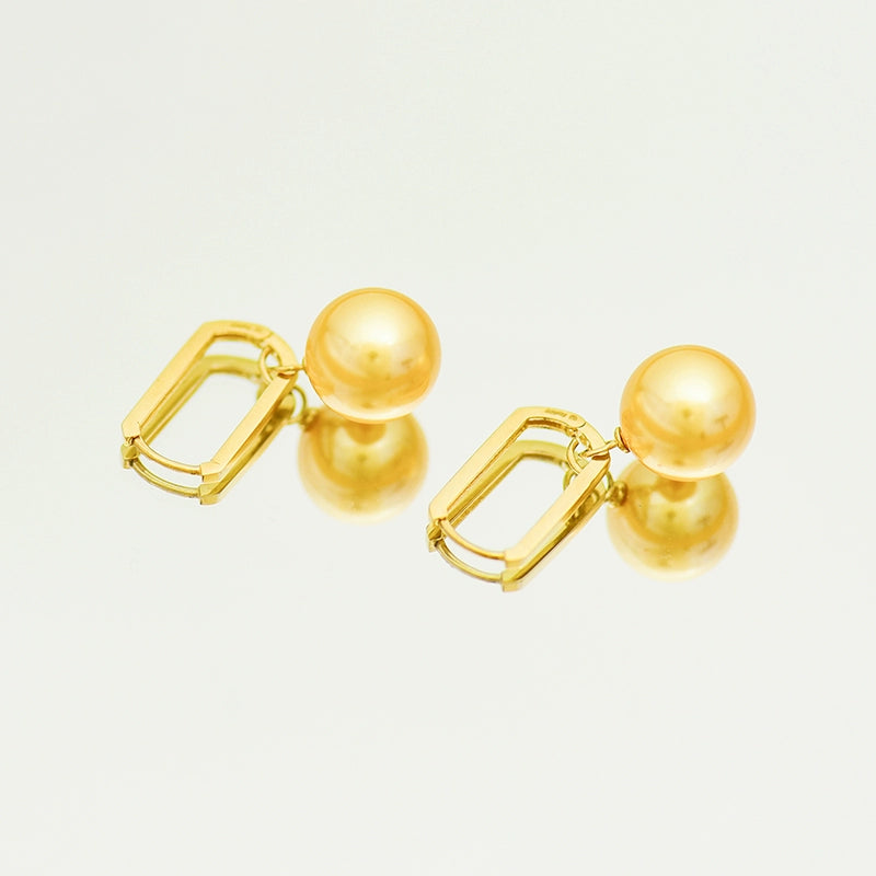 Oblong Frame Hanging Golden Pearl Hoop Earrings