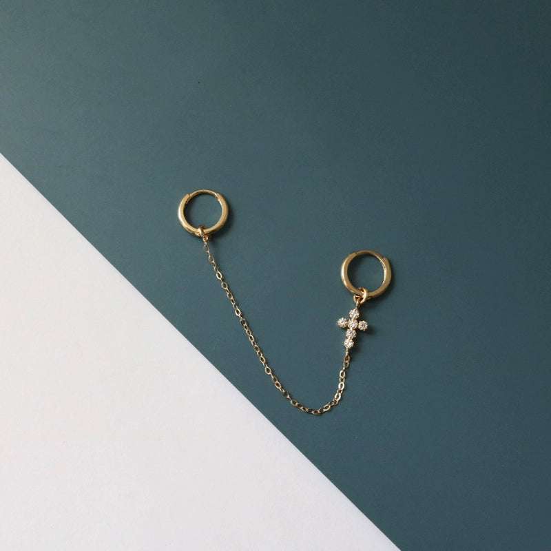 One Piece Huggie Hoops Cross Chain Earring