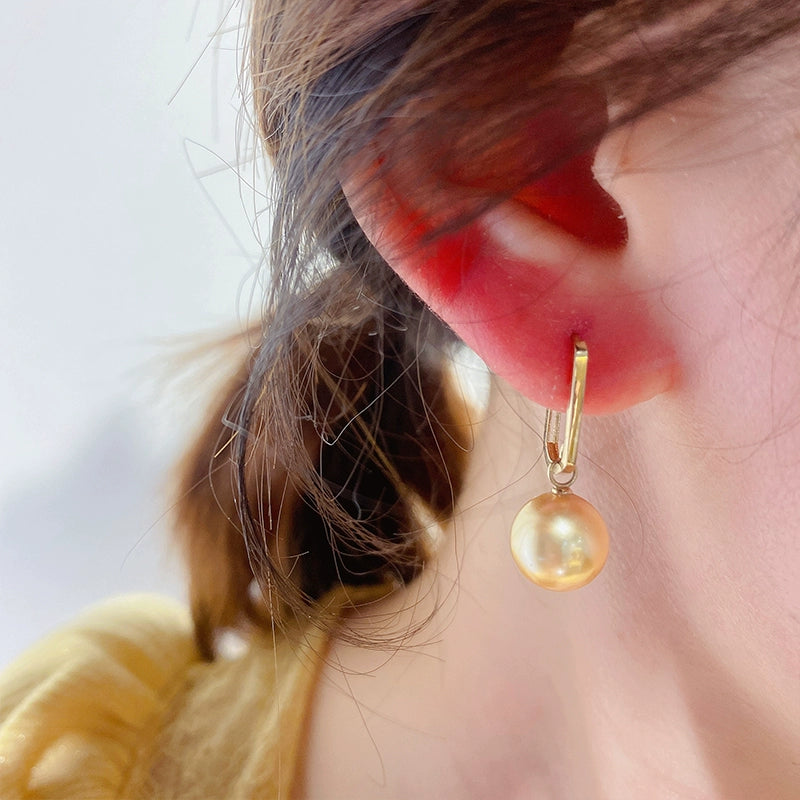 Oblong Frame Hanging Golden Pearl Hoop Earrings
