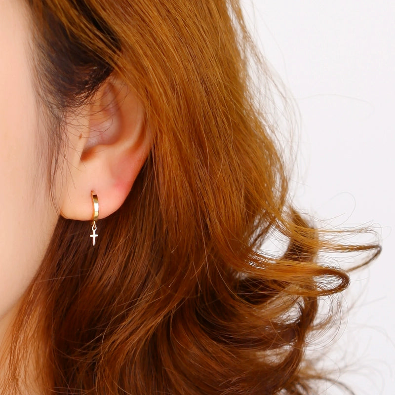 Hanging Cross Charm Huggie Hoops