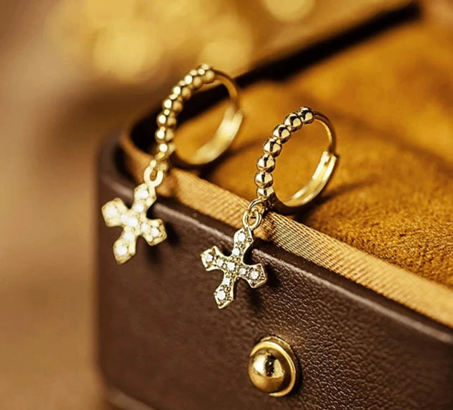 Icon Hanging Cross Beaded Huggie Hoops